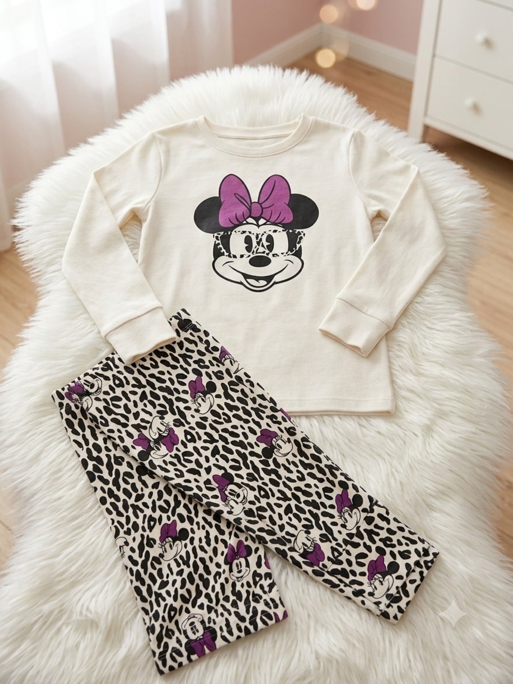 GAP Cream Minnie Mouse Pajama Set with Purple Bows